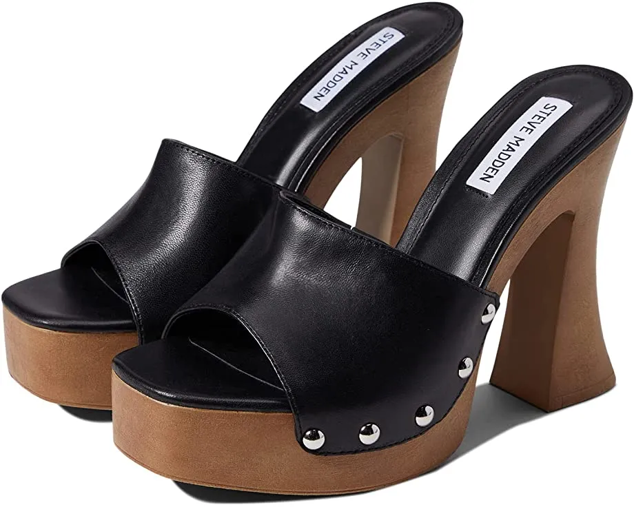Steve Madden Latish Black Leather Slip On Open Toe Studded Mule Heeled Sandal
