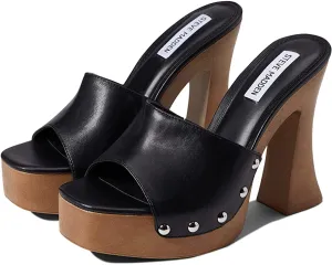 Steve Madden Latish Black Leather Slip On Open Toe Studded Mule Heeled Sandal