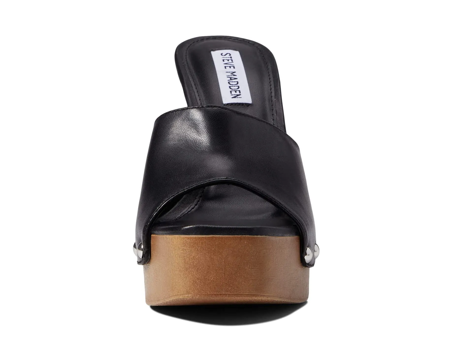 Steve Madden Latish Black Leather Slip On Open Toe Studded Mule Heeled Sandal