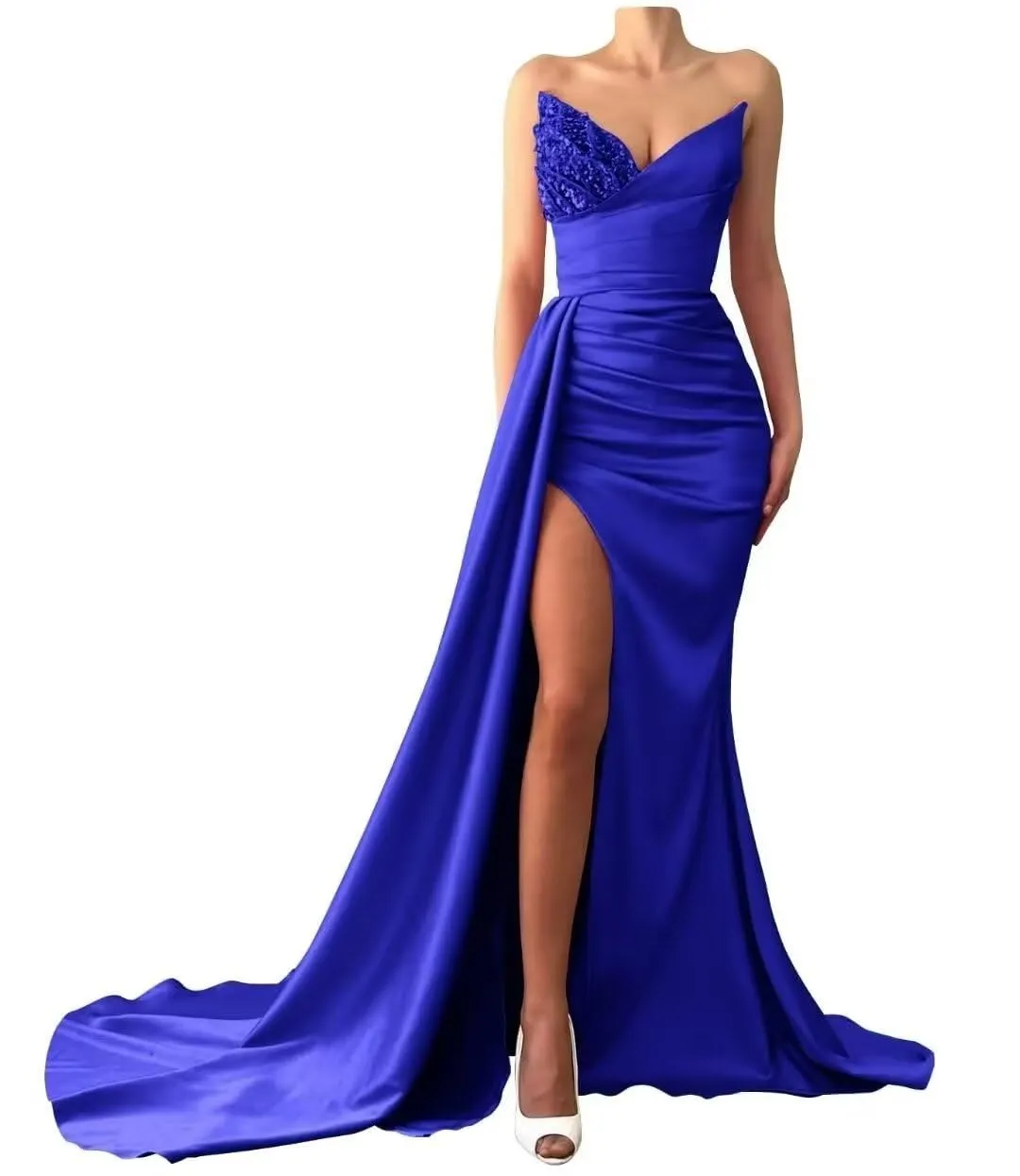 V-Neck Sleeveless Sequins Ruched High Slit Prom Dress
