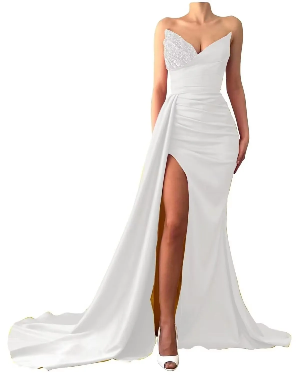 V-Neck Sleeveless Sequins Ruched High Slit Prom Dress