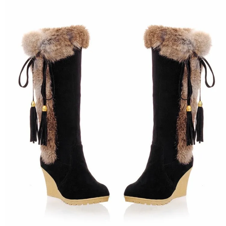 Women's warm cotton lining mid calf wedge snow boots tassels décor fur trim fashion winter boots